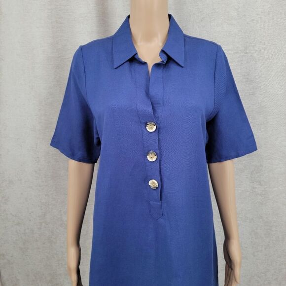 Chelsea & Theodore Blue Linen Rayon Button-Down Midi Shirt Dress Short Sleeves - Picture 2 of 12